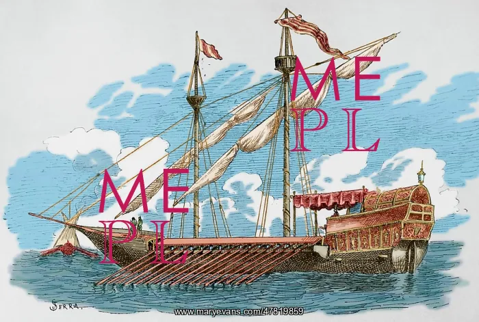 : 14th century galley. Engraving by Serra. Later colouration : 14th century galley. Engraving by Serra. Later colouration