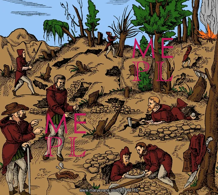 : 16th century men using divining rods to locate minerals : 16th century men using divining rods to locate minerals