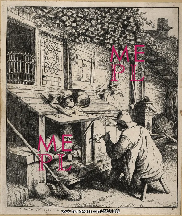 : 17th century Dutch shoemaker in a small shop in : 17th century Dutch shoemaker in a small shop in