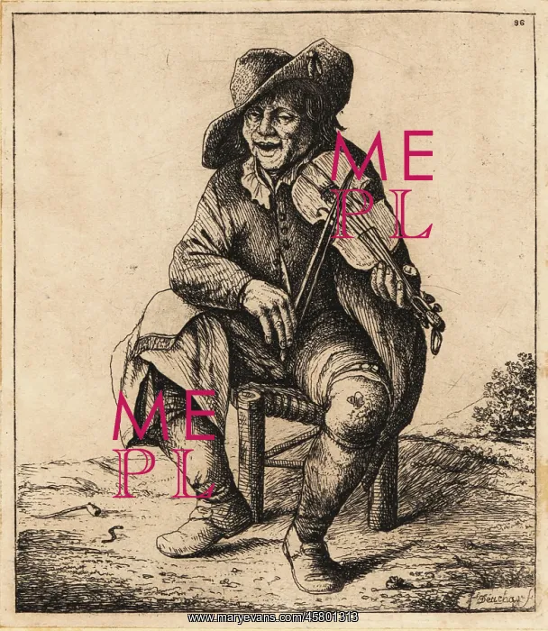 : 17th century fiddler in cap, coat and boots seated : 17th century fiddler in cap, coat and boots seated