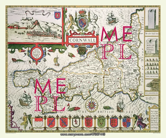 : 17th Century map of the County of Cornwall, England : 17th Century map of the County of Cornwall, England