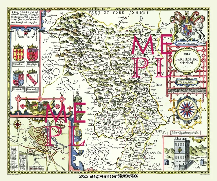 : 17th Century map of the County of Derbyshire, England : 17th Century map of the County of Derbyshire, England