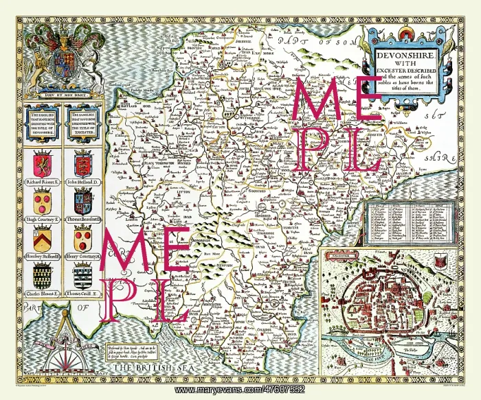 : 17th Century map of the County of Devonshire, England : 17th Century map of the County of Devonshire, England