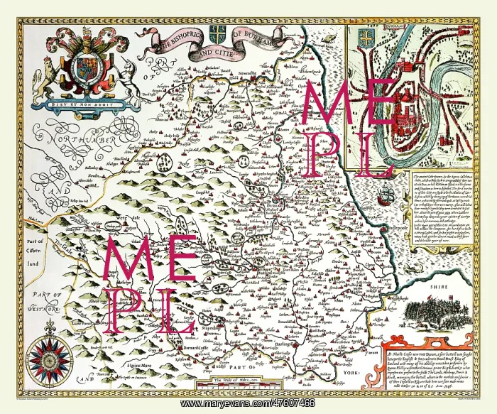 : 17th Century map of the County of Durham, England : 17th Century map of the County of Durham, England