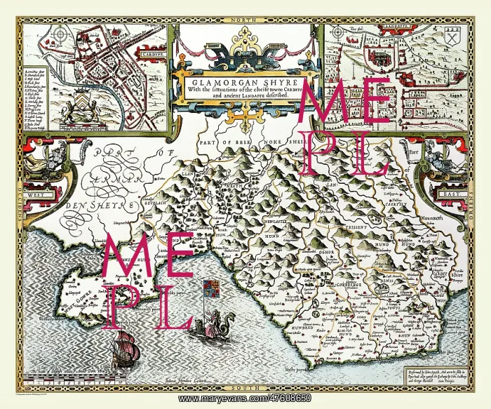 : 17th Century map of the County of Glamorganshire, Wales : 17th Century map of the County of Glamorganshire, Wales