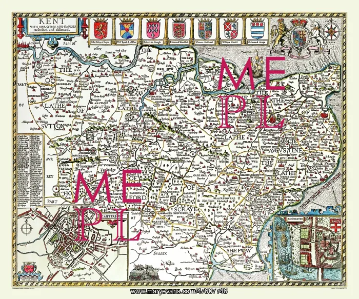 : 17th Century map of the County of Kent, England : 17th Century map of the County of Kent, England