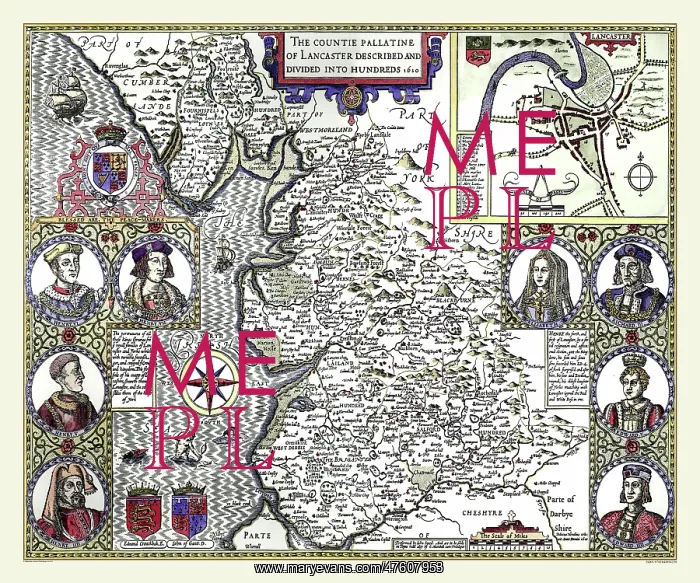 : 17th Century map of the County of Lancashire, England : 17th Century map of the County of Lancashire, England