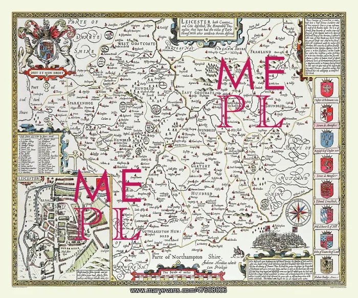 : 17th Century map of the County of Leicestershire, England : 17th Century map of the County of Leicestershire, England