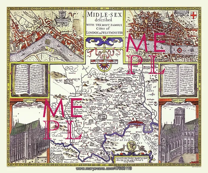 : 17th Century map of the County of Middlesex, England : 17th Century map of the County of Middlesex, England