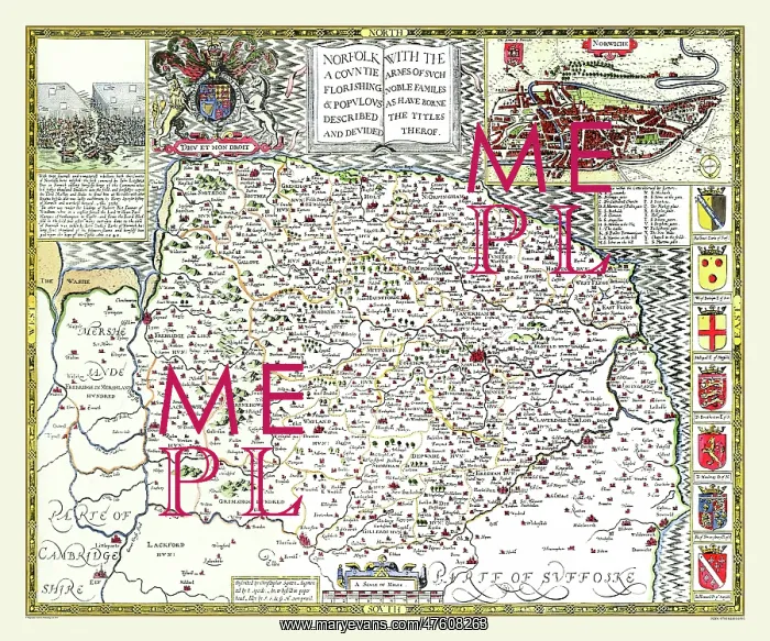 : 17th Century map of the County of Norfolk, England : 17th Century map of the County of Norfolk, England