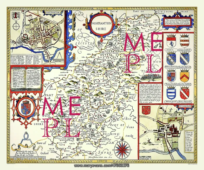 : 17th Century map of the County of Northhamptonshire, England : 17th Century map of the County of Northhamptonshire, England