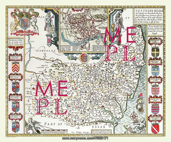 : 17th Century map of the County of Suffolk, England : 17th Century map of the County of Suffolk, England