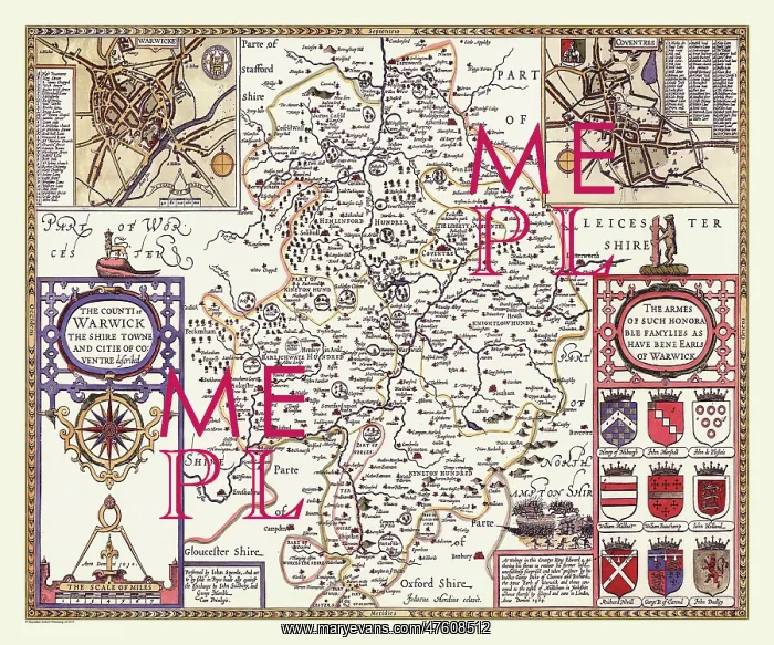: 17th Century map of the County of Warwickshire, England : 17th Century map of the County of Warwickshire, England