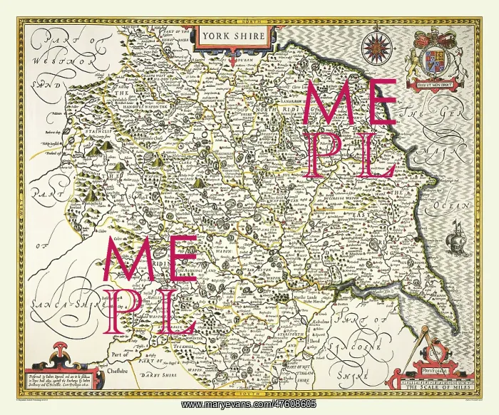 : 17th Century map of the County of Yorkshire, England : 17th Century map of the County of Yorkshire, England