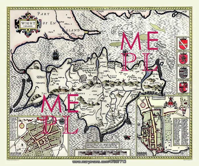 : 17th Century map of the isle of Wight, England : 17th Century map of the isle of Wight, England