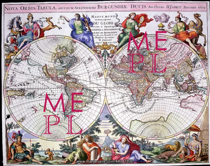 : 17th century Map of the World Hemispheres, Nova Orbis Tabula : 17th century Map of the World Hemispheres, Nova Orbis Tabula