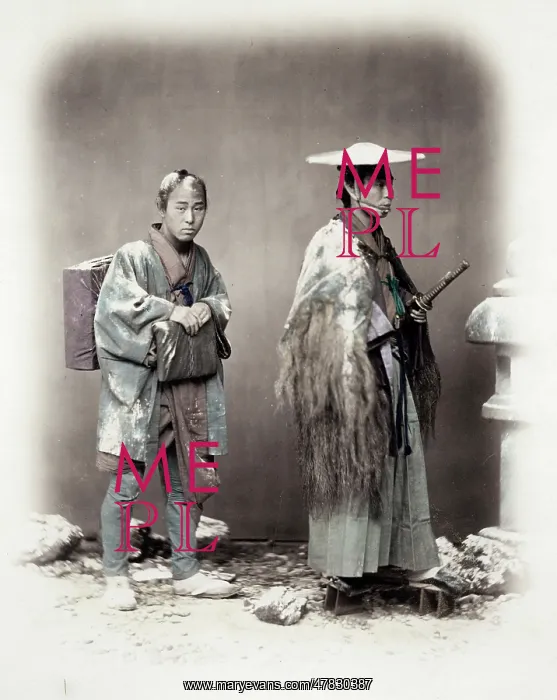 : 1860's Japan - samurai and servant travelling in snow : 1860's Japan - samurai and servant travelling in snow