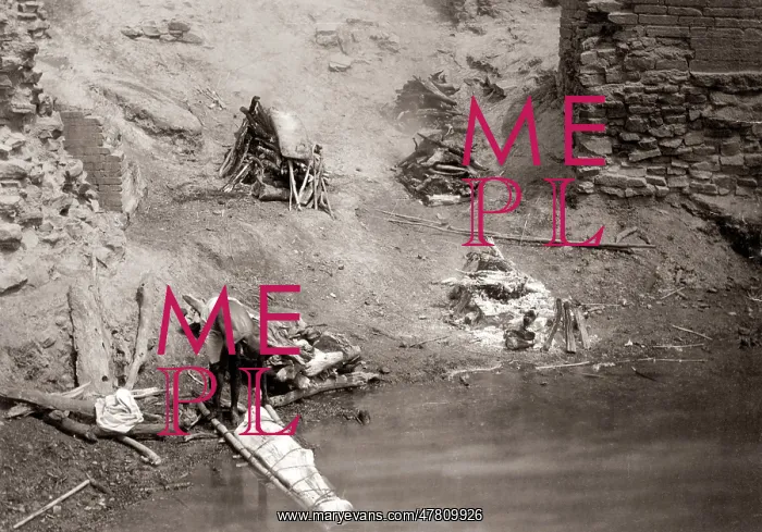 : 1880's - dead body for cremation, burning ghat, Benares : 1880's - dead body for cremation, burning ghat, Benares