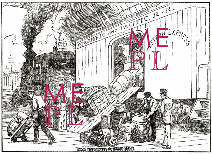 : 1890s Illustration Cargo Trunks Suitcases being Unloaded : 1890s Illustration Cargo Trunks Suitcases being Unloaded