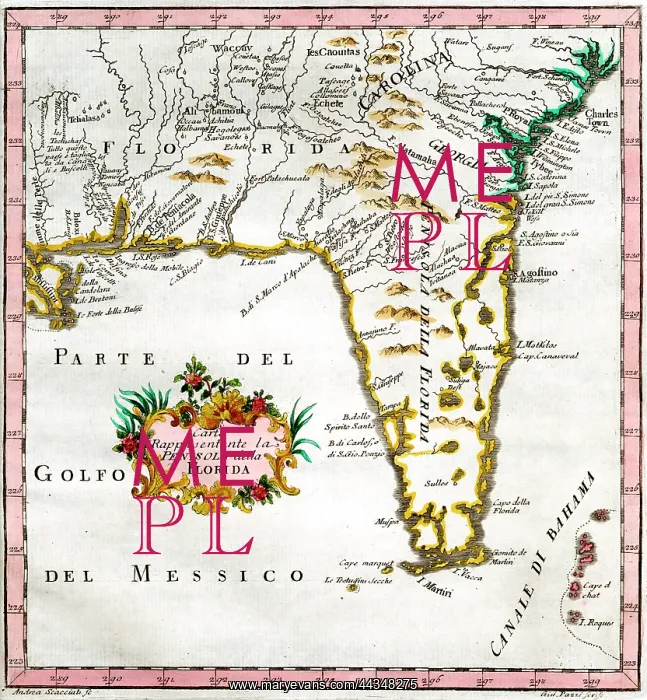 : 18th century Map of Florida, America : 18th century Map of Florida, America