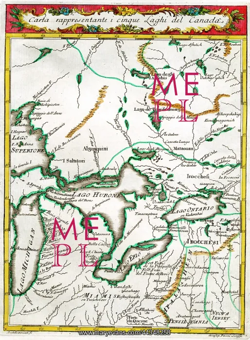 : 18th century Map of the Great Lakes, Canada : 18th century Map of the Great Lakes, Canada