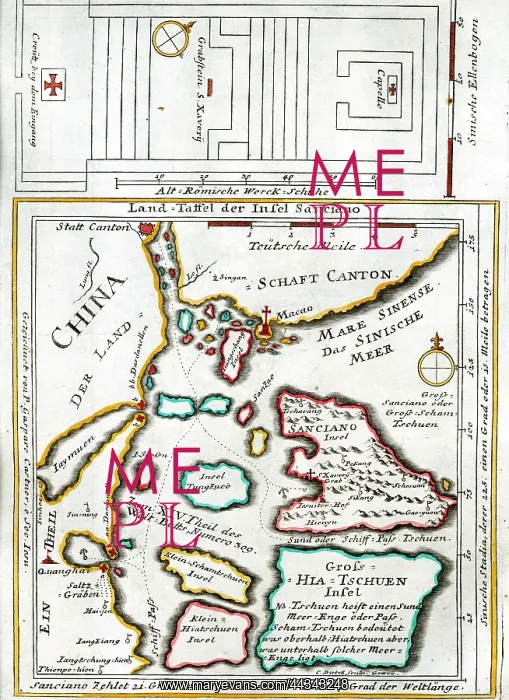 : 18th century Map of Sancian (Macau) and Francis Xavier : 18th century Map of Sancian (Macau) and Francis Xavier