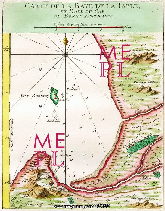 : 18th century map of Table Bay, Cape Town, South Africa : 18th century map of Table Bay, Cape Town, South Africa