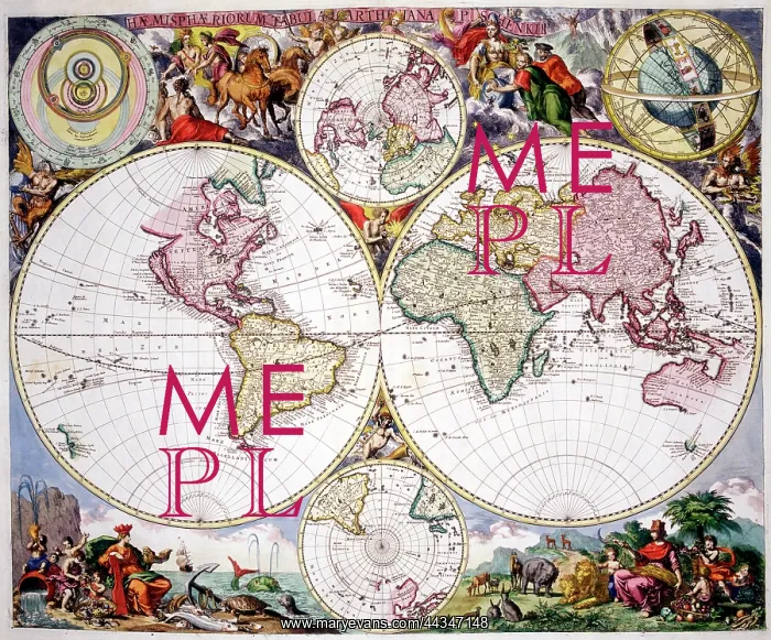 : 18th century Map of the World Hemispheres : 18th century Map of the World Hemispheres
