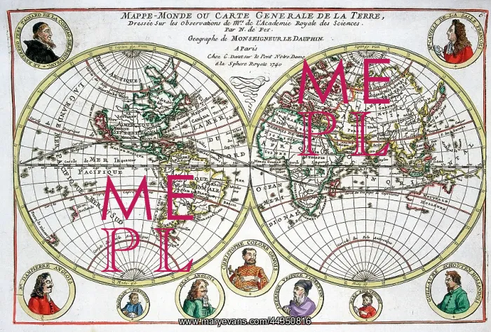 : 18th century Map of the World with portraits of Explorers : 18th century Map of the World with portraits of Explorers