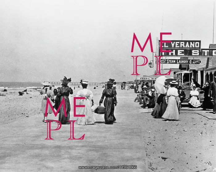 : 1910s 1912 People Strolling Away on Paved Walk Along Beac : 1910s 1912 People Strolling Away on Paved Walk Along Beac
