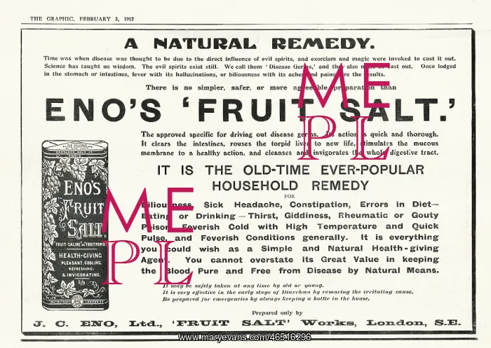 : 1912 UK Magazine Eno's Fruit Salt Advert : 1912 UK Magazine Eno's Fruit Salt Advert