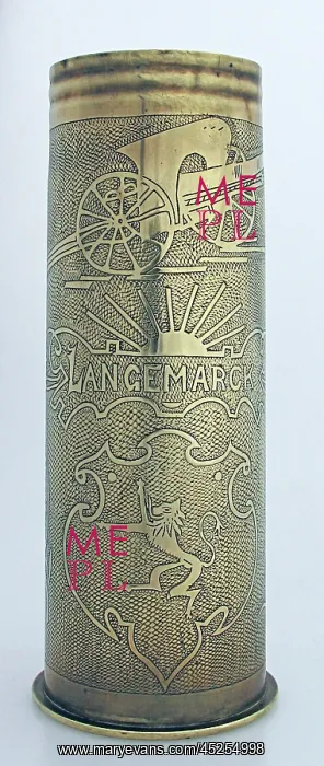 : A 1913 77 mm shell case, engraved Langemark : A 1913 77 mm shell case, engraved Langemark
