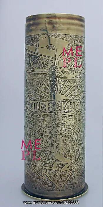 : A 1913 77 mm shell case, engraved Merkem : A 1913 77 mm shell case, engraved Merkem