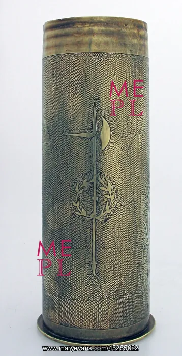 : A 1913 77 mm shell case, engraved Merkem : A 1913 77 mm shell case, engraved Merkem