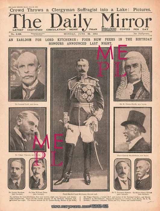 : 1914 Daily Mirror Field Marshal Kitchener given an Earldom : 1914 Daily Mirror Field Marshal Kitchener given an Earldom