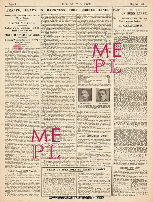 : 1914 Daily Mirror Sinking of the Empress of Ireland : 1914 Daily Mirror Sinking of the Empress of Ireland