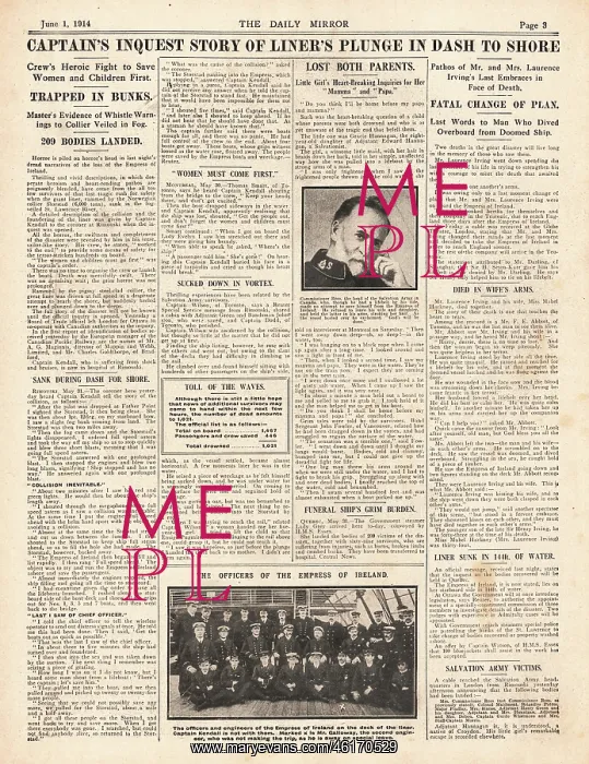 : 1914 Daily Mirror Sinking of the Empress of Ireland : 1914 Daily Mirror Sinking of the Empress of Ireland