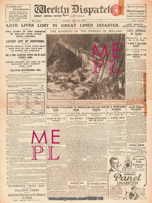 : 1914 Weekly Dispatch Liner Empress of Ireland sinks : 1914 Weekly Dispatch Liner Empress of Ireland sinks