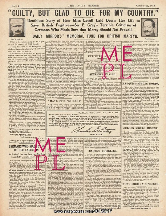 : 1915 Daily Mirror Execution of Nurse Edith Cavell : 1915 Daily Mirror Execution of Nurse Edith Cavell