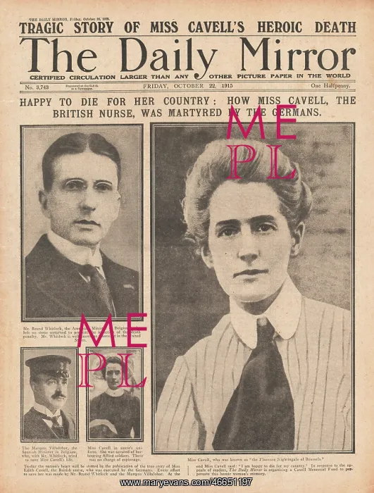 : 1915 Daily Mirror Execution of Nurse Edith Cavell : 1915 Daily Mirror Execution of Nurse Edith Cavell