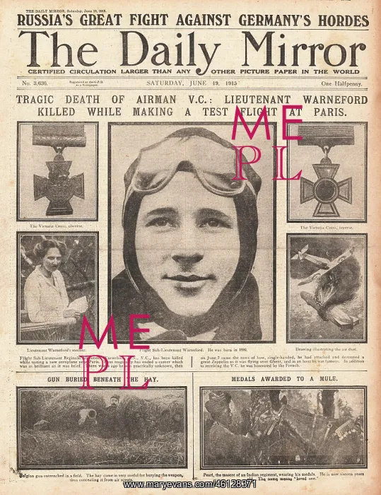 : 1915 Daily Mirror Reginald Warnerford killed : 1915 Daily Mirror Reginald Warnerford killed