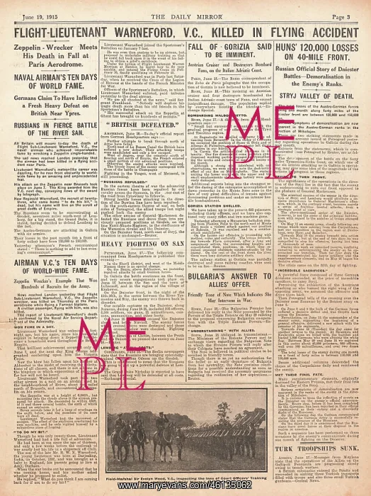 : 1915 Daily Mirror Reginald Warnerford killed : 1915 Daily Mirror Reginald Warnerford killed