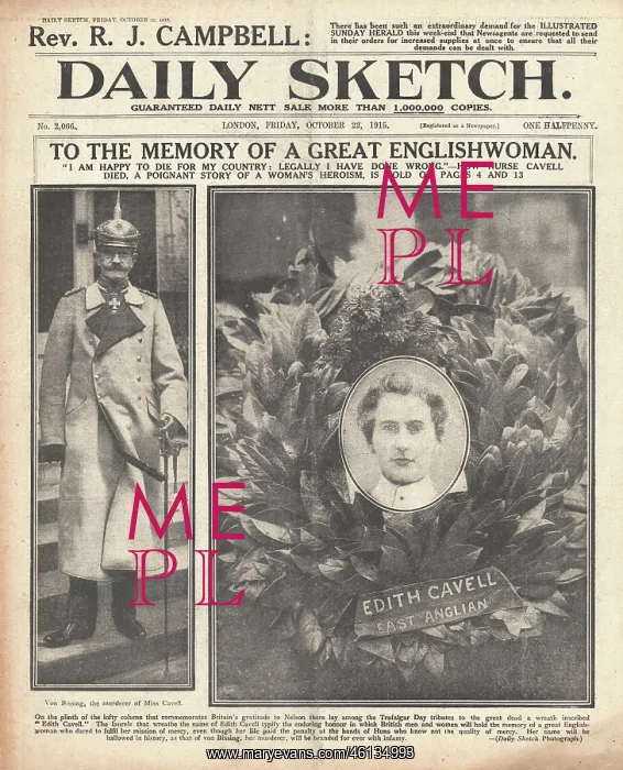 : 1915 Daily Sketch Execution of Nurse Edith Cavell : 1915 Daily Sketch Execution of Nurse Edith Cavell