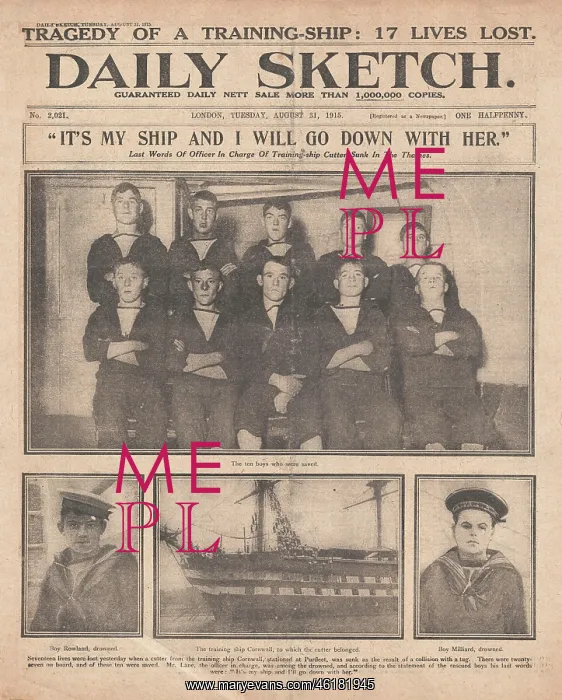 : 1915 Daily Sketch Training Ship Cornwall sinks in River Tham : 1915 Daily Sketch Training Ship Cornwall sinks in River Tham