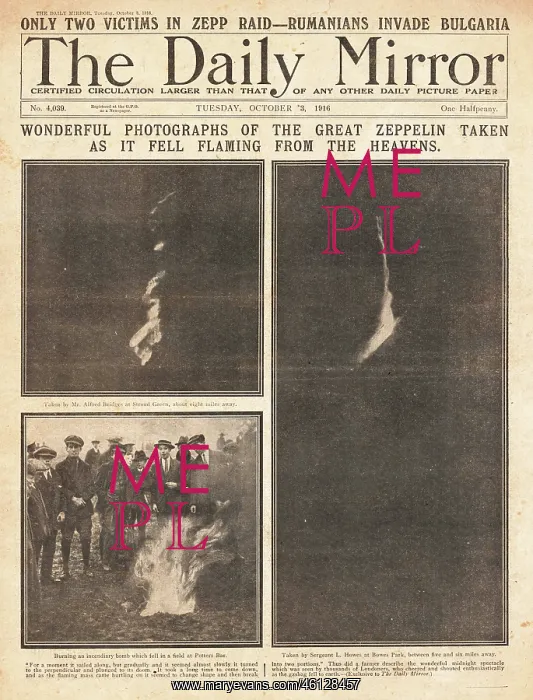  : 1916 Daily Mirror Zeppelin brought down over Potters Bar