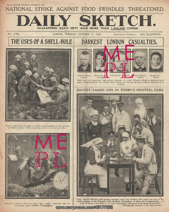 : 1916 Daily Sketch Pay office in a shell hole : 1916 Daily Sketch Pay office in a shell hole