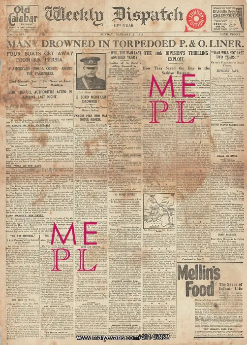 : 1916 Weekly Dispatch Sinking of P&O liner SS Persia : 1916 Weekly Dispatch Sinking of P&O liner SS Persia
