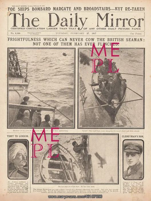 : 1917 Daily Mirror Sinking of Cargo Ship Brookwood : 1917 Daily Mirror Sinking of Cargo Ship Brookwood