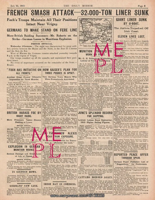 : 1918 Daily Mirror Sinking of SS Justicia : 1918 Daily Mirror Sinking of SS Justicia