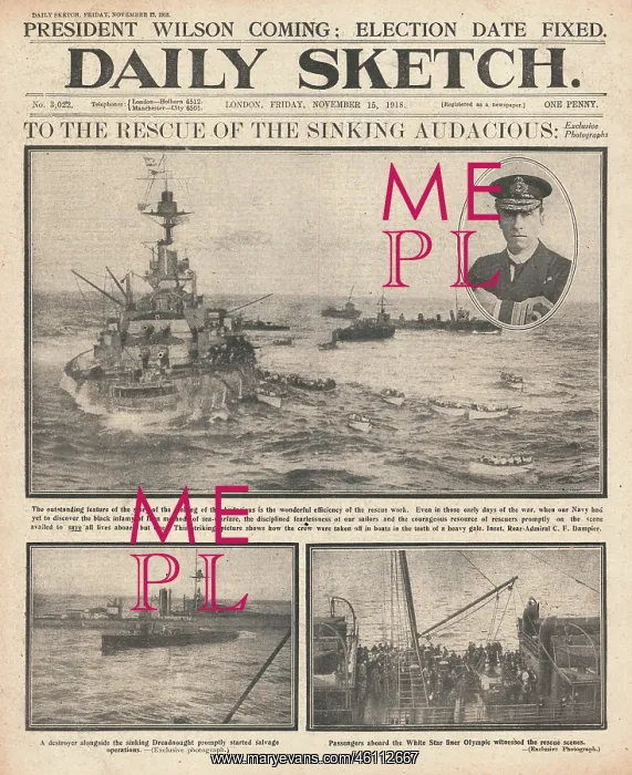 : 1918 Daily Sketch front page Sinking of HMS Audacious : 1918 Daily Sketch front page Sinking of HMS Audacious